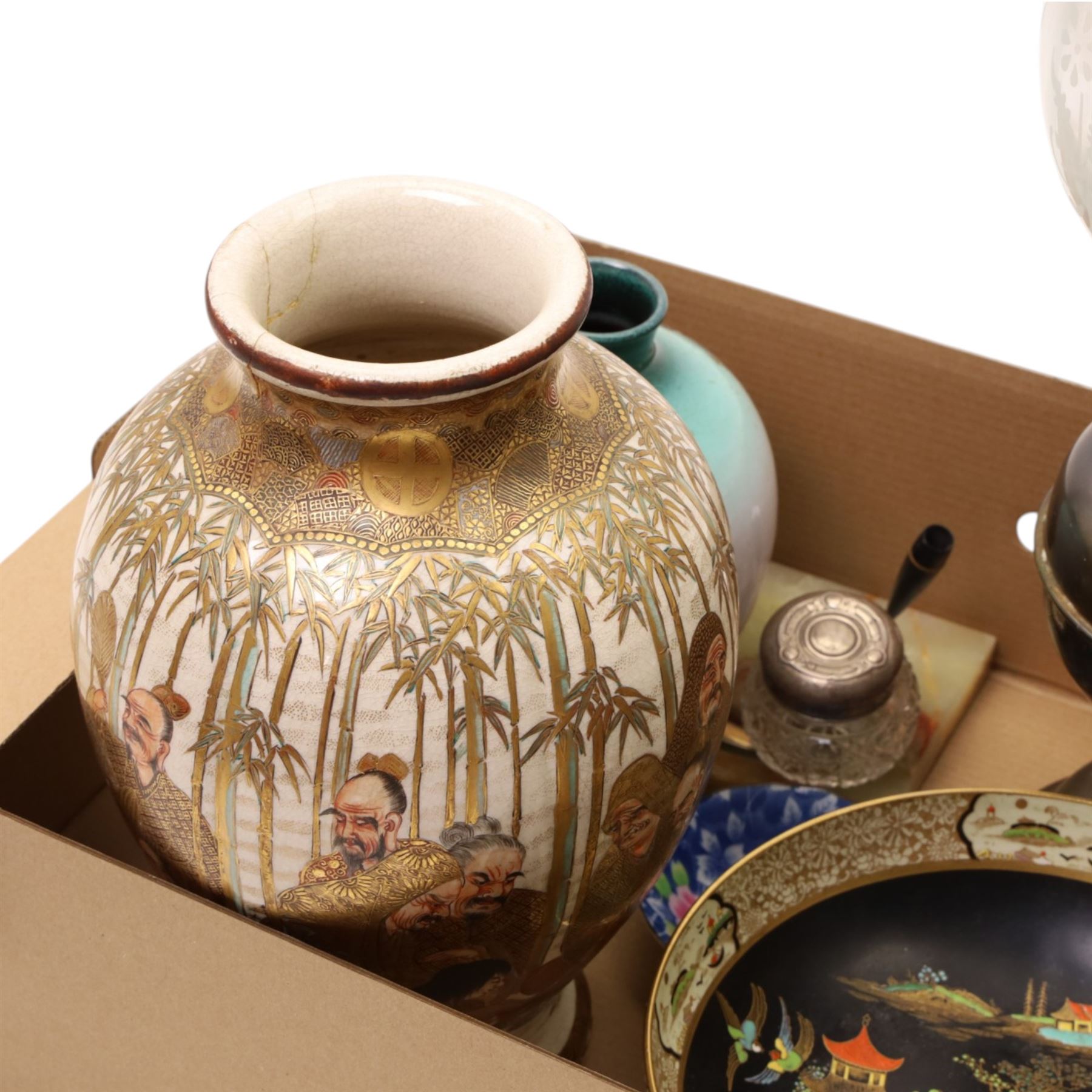 Brass table oil lamp, another oil lamp, Japanese vase, Carlton ware bowl etc