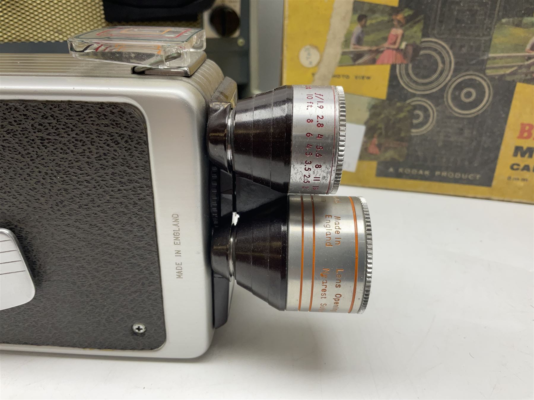 Bolex Paillard P3 Zoom Reflex camera body, serial no 38090, with 'B te S.G.D.G Som Berthiot Pan-Cinor 1:1.9 f=8a 40' lens, serial no. 40251438 in case, Kodak Brownie movie camera, Kodak model 2 Brownie movie camera and a Kodak 8 Movie Projector A-15G and other camera equipment 