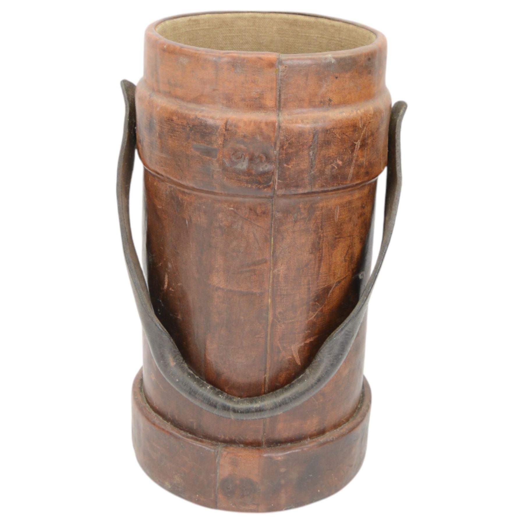 Early 20th century leather artillery shell case by Barrow, Hepburn & Gale Ltd, decorated a transfer printed coat of arms and an impressed N, with a strap handle, the base stamped 'No 58 III BH & G Ltd, together with another artillery shell case