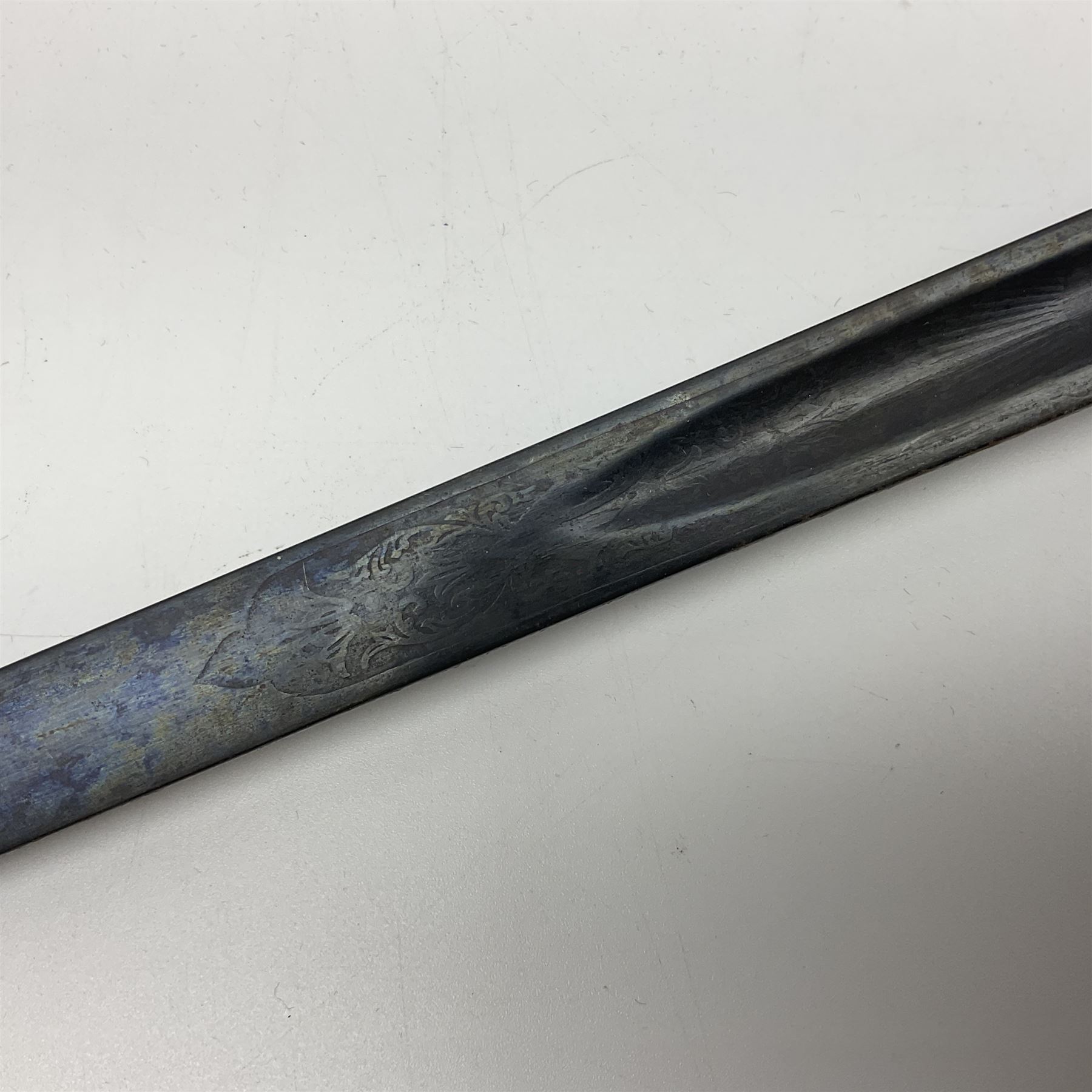 WW1 British Army 1897 Pattern Officers Sword, the 80cm fullered steel blade with traces of decoration and inscribed 'W.E. French 1914'; the basket hilt pierced with the George V cypher and wire-bound fish-skin grip L97cm overall; and WW1 British 1821 pattern Royal Artillery officer's sword with three-bar hilt; both lacking scabbard (2)