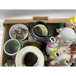 Collection of ceramics to include Royal Doulton Winston Churchill toby jug, Capodimonte style figures, novelty brandy decanter etc, in two boxes