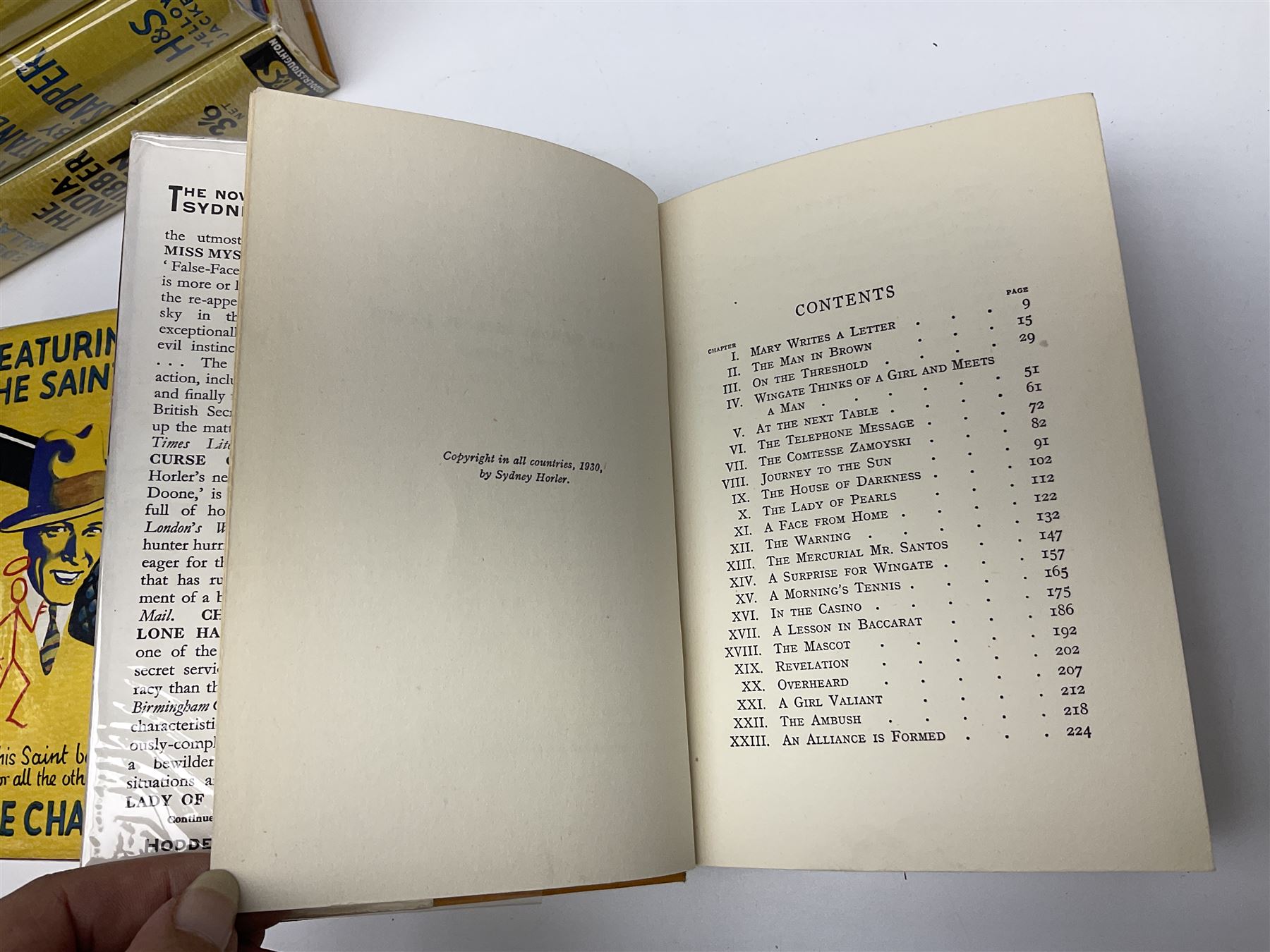 Collection of Hodder and Stoughton yellow jacket version books, to include Sydney Horler, George Goodchild, Dornford Yates, Leslie Charteris etc 