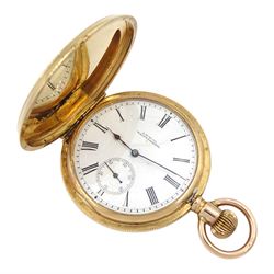 Early 20th century 10ct gold full hunter keyless lever 'Ensign' pocket watch by American Watch Company, Waltham, No. 11213034, white enamel with Roman numerals and subsidiary seconds dial, case makers mark AL stamped 10C, later hallmarked 9ct by Sheffield Assay Office, 2015
