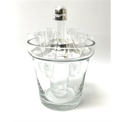 A St. Hilaire clear glass decanter and shot glass set, the ice bucket with removable steel insert, marked for St. Hilaire, Paris, supporting six conical glasses around a central bottle with later unassociated cover, bucket H15cm D15cm.