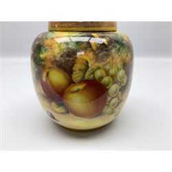 Mid/late 20th century Royal Worcester ginger jar and cover decorated by R Lewis, hand painted with a still life of fruit upon a mossy ground, signed R Lewis, with black printed mark beneath and painted shape number 2826, H17.5cm