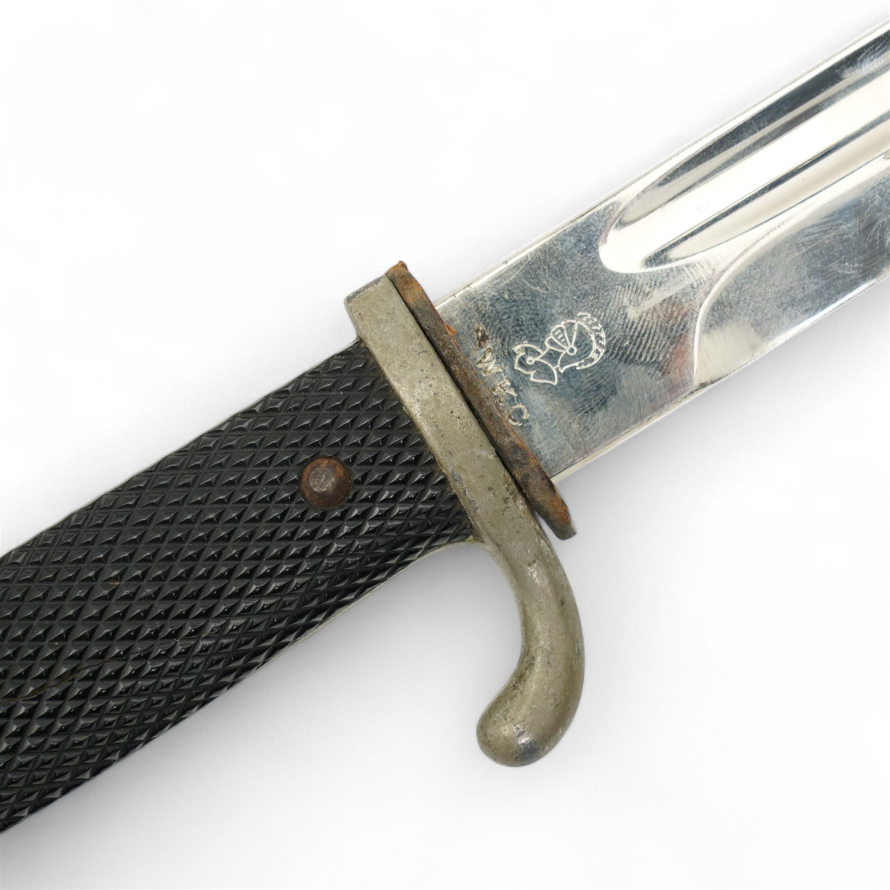 German Third Reich parade bayonet, the ricasso marked WKC with hatched grip and black scabbard and another  with dress knot (2)