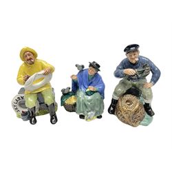 Three Royal Doulton figures, comprising Tuppence a Bag HN2320, The Boatman HN2417 and The Lobster Man HN2317