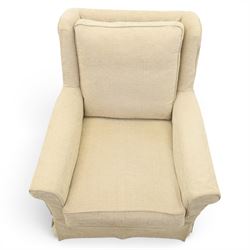 Wesley Barrel - two seater sofa and matching armchair,with scrolled arms and loose cushions, beige chenille fabric, raised on castors  (Armchair: H 100cm, D 100cm, W 87cm)