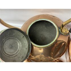 19th century and later copper, to include twin handled fish kettle with lid, large kettle, twin handled pan, bed warmer and two tankards, fish kettle H24cm