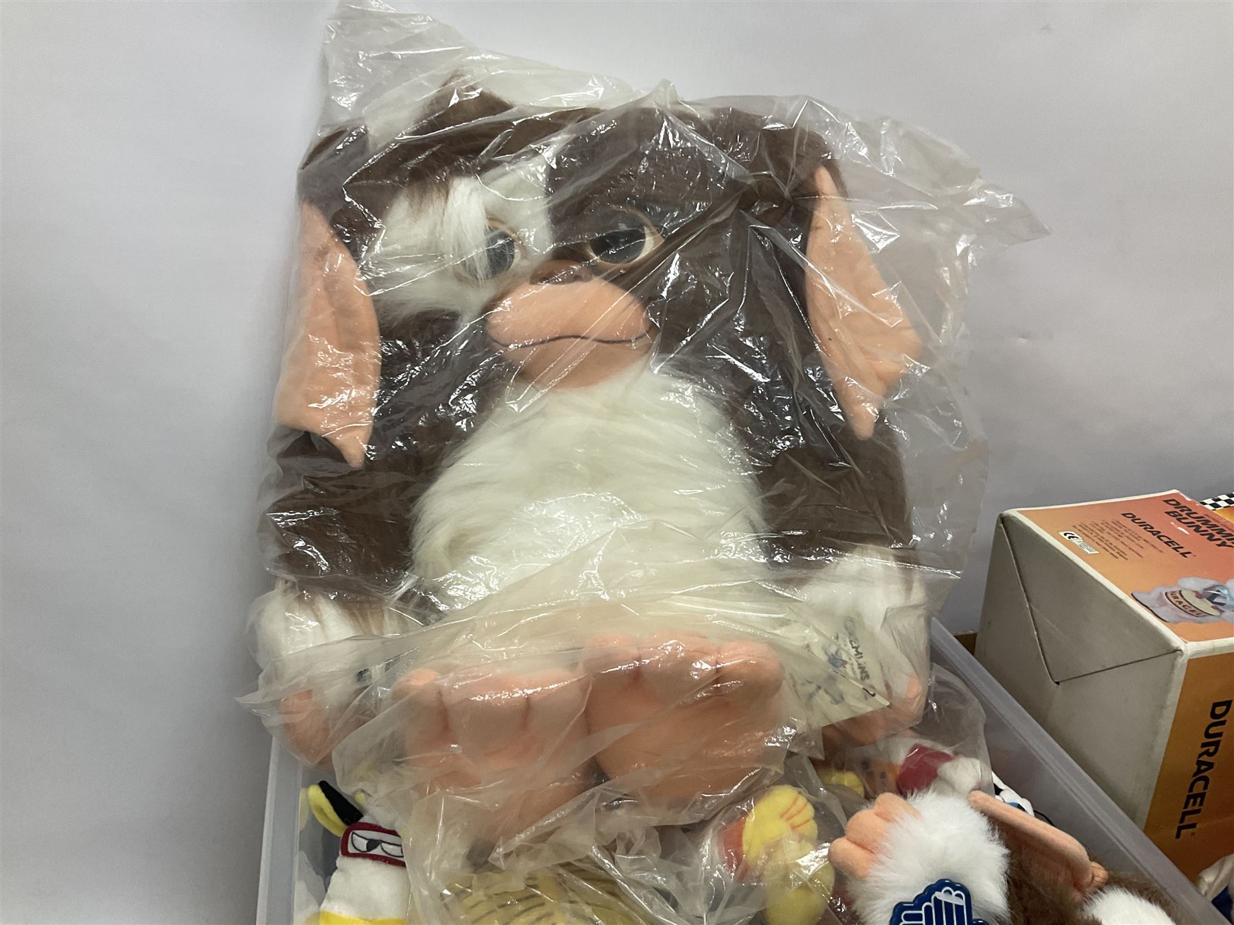 Collection of Duracell Bunny collectibles to include Racing Bunny, Fireman Bunny, Dancing Bunny etc in original boxes; Bandai collectable characters, Gremlins 2 Gizmo plushies from Applause, further soft toys and collectables etc, in three boxes 