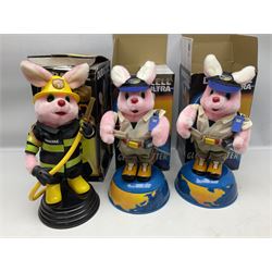 Collection of battery operated Duracell Bunny advertising figures, comprising two limited edition France 98 World Cup football bunnies, racing bunny, football bunny, two globetrotter bunny, fireman bunny and Christmas bunny, all boxed