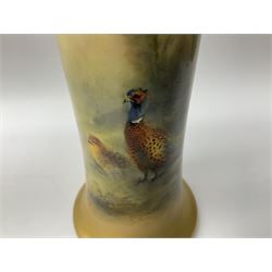 Early 20th century Royal Worcester vase decorated by Jas Stinton, of waisted cylindrical form, hand painted with pheasants in a woodland setting, signed Jas Stinton, with green printed marks beneath including shape number 923, and date code for 1910, H19cm