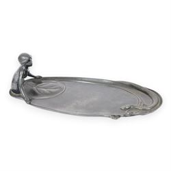 WMF Art Nouveau pewter tray, of oval from, with a female figure covered with a lily pad at one end, and snake with flowers and whiplash stems at other, signed and impressed marks beneath, H8cm, L25cm 