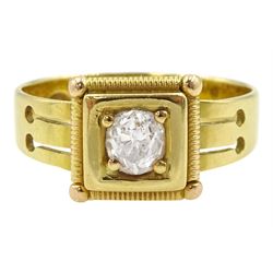 Victorian square set single stone old cut diamond ring, with pierced design shoulders, Chester 1882, diamond approx 0.50 carat