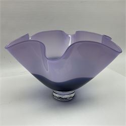 Gillies Jones of Rosedale two tone purple glass vase with crimped rim on a short pedestal foot, signature to base, H13cm