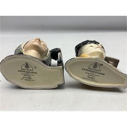 Royal Doulton Henry VIII and his Six Wives Character Jugs, comprising of Henry VIII D6647, Catherine of Aragon D6657, Anne Boleyn D6650, Jane Seymour D6746, Anne of Cleves D6753, Catherine Howard D6692 and Catherine Parr D6751, tallest H10cm