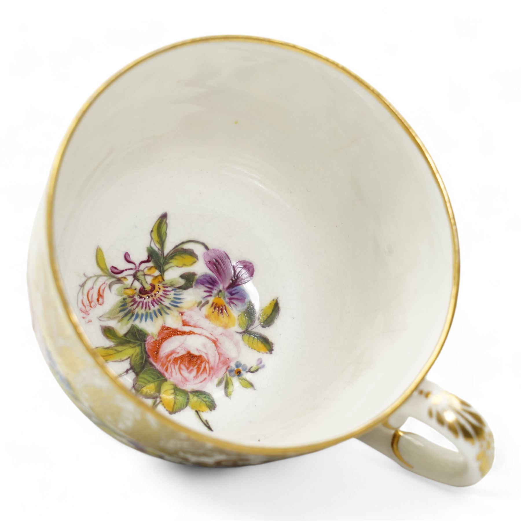 Early 20th century Sampson Hancock Derby porcelain breakfast cup and saucer, painted by  Harry Sampson Hancock, with central sprays and trailing flowers, within scroll gilt borders, painted marks beneath, saucer D14cm, cup H7cm