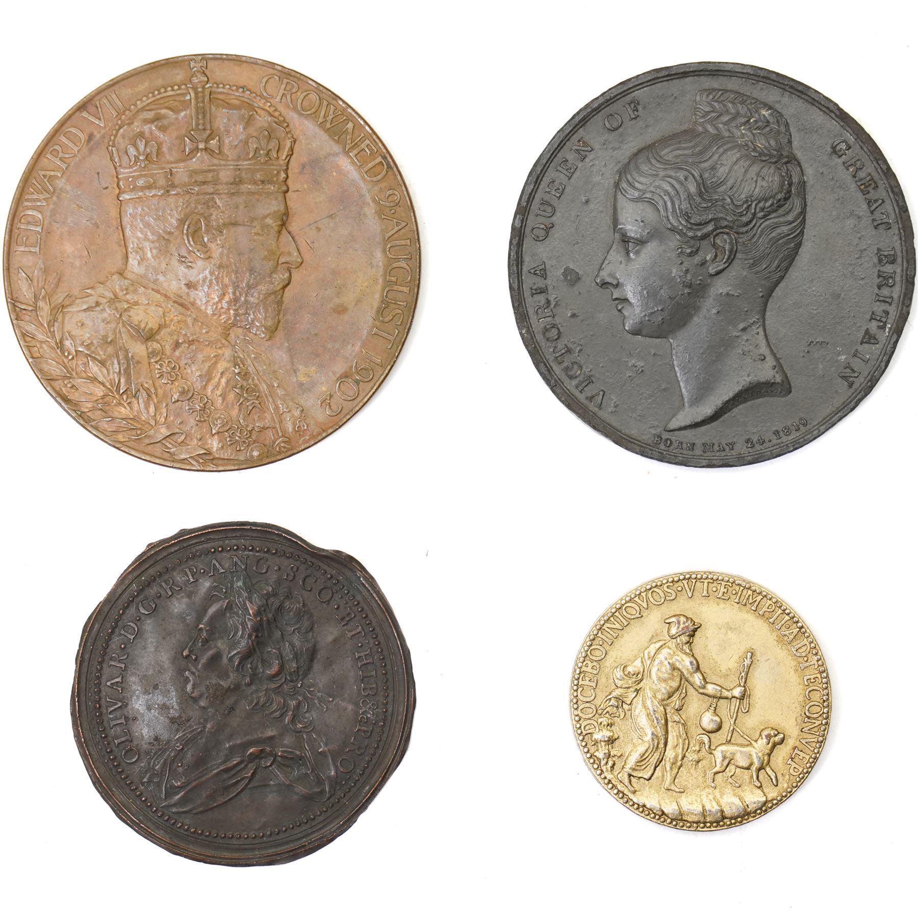 19th century gilt bronze medallion of Michelangelo Buonarroti (1475-1564), the reverse with a blind man with a dog approx 33mm, bronze College of Arms quincentenary medal, cased, 1902 Coronation bronze medallion and various other items