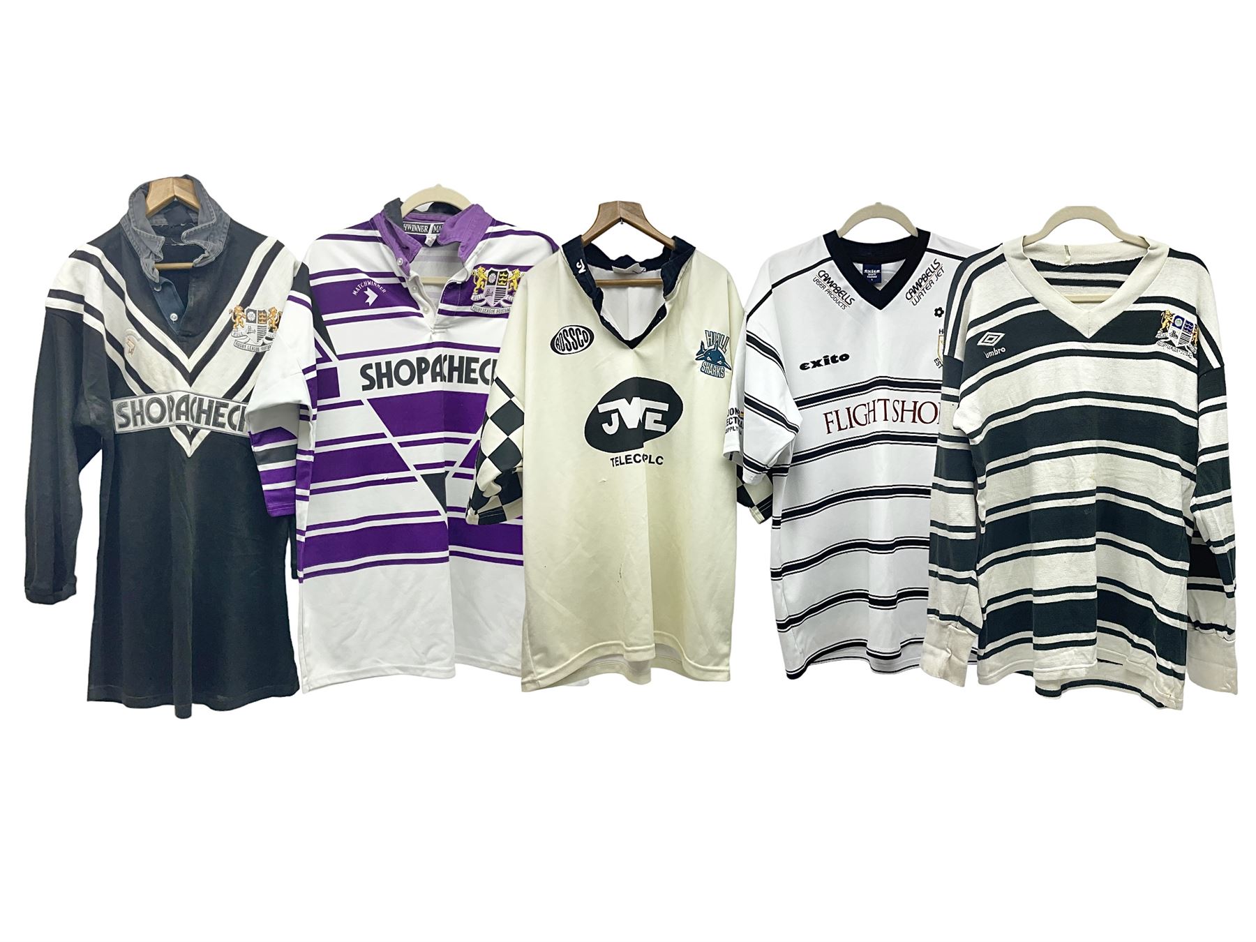 Five Hull Rugby League shirts, to include Hull FC and Hull Sharks examples