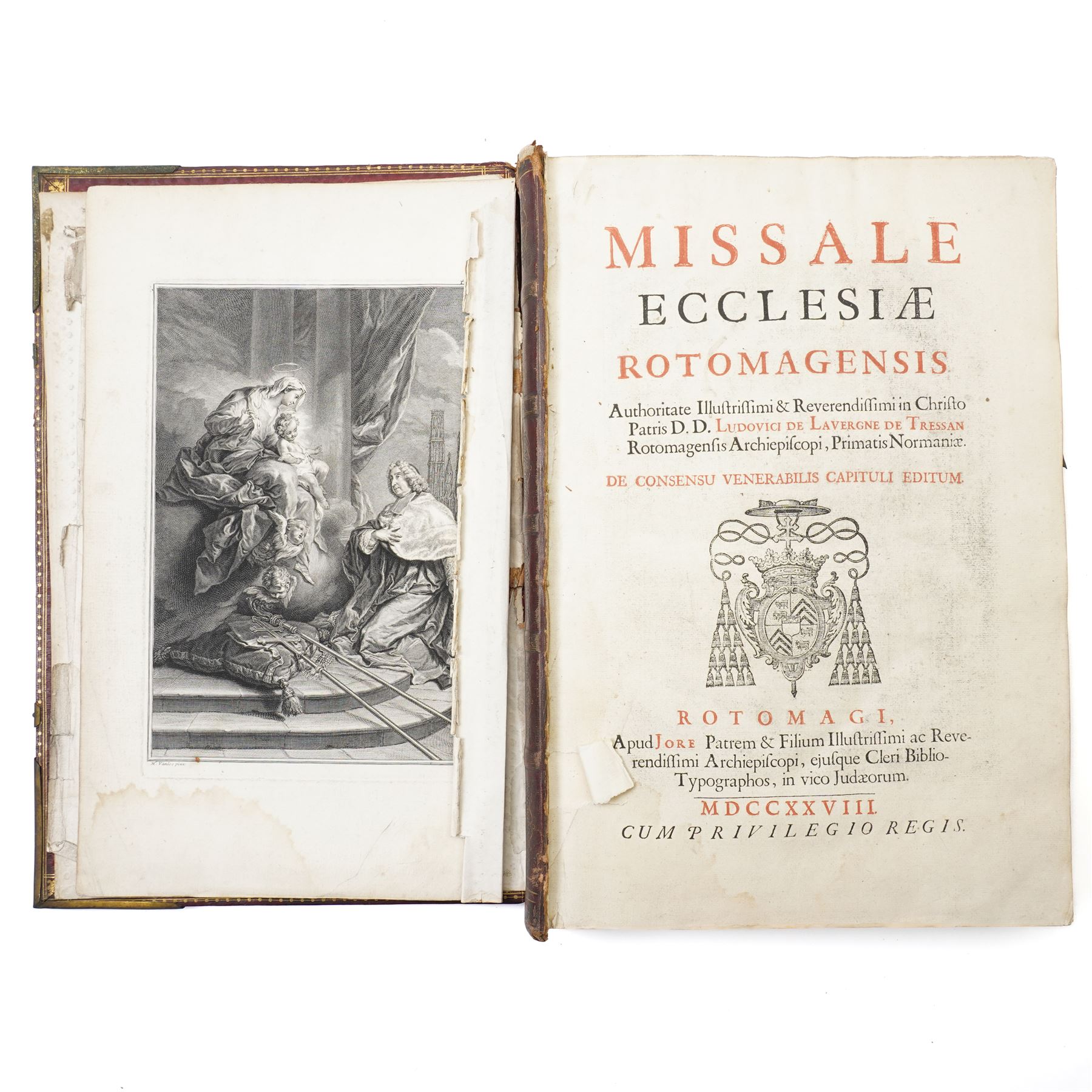 Missale Ecclesiae Rotomagensis published in Latin by Jore, father and son, by the authority of Louis de Lavergne of Tressan 1728, folio in gilt decorated full calf and with metal mounts and Graecum Lexicon Manuale published H Woodfall, London 1766 full calf (2)