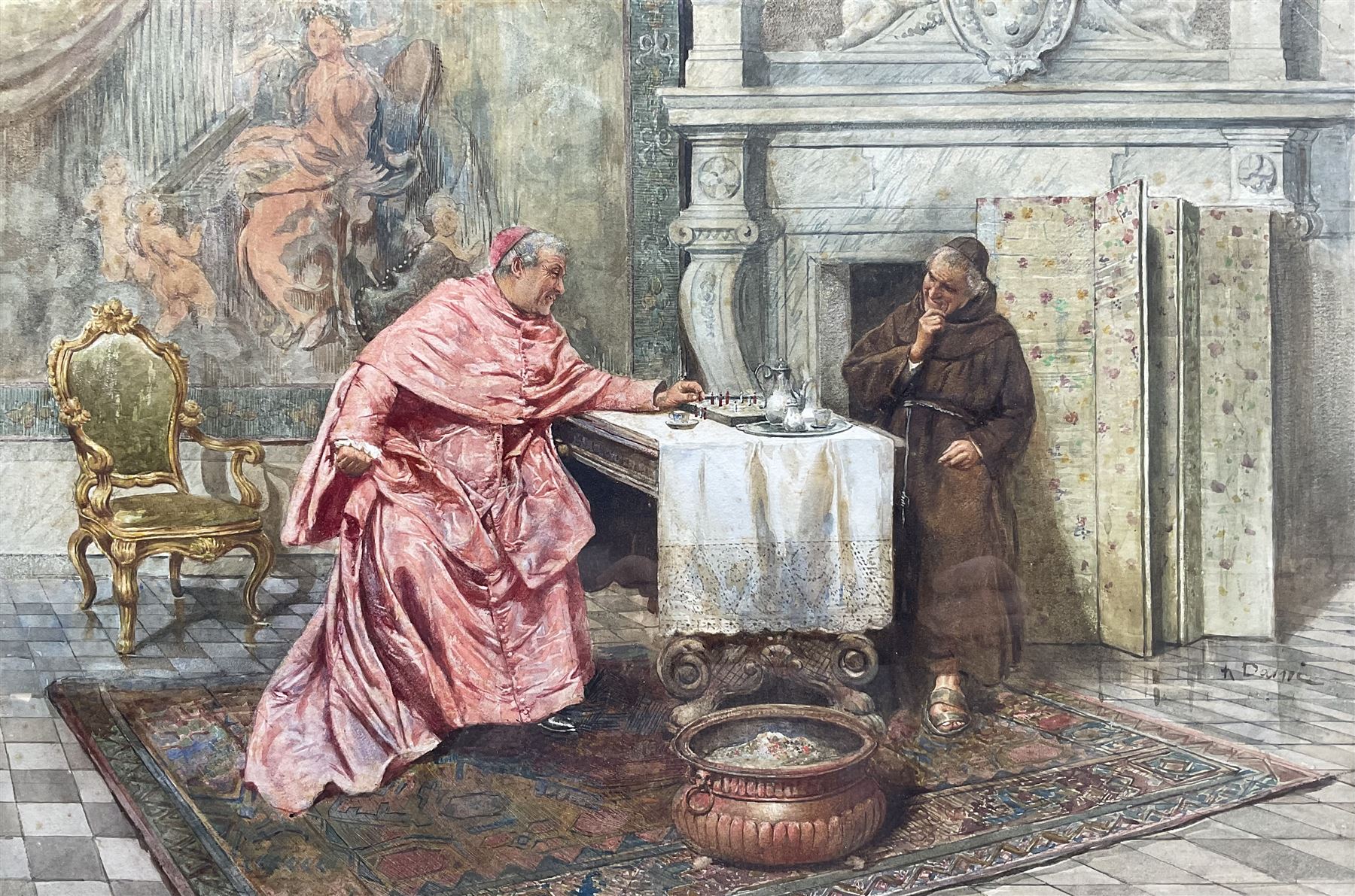 Augusto Daini (Italian 1860-1920): A Discussion Over Chess, watercolour signed 36cm x 53cm 