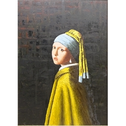  Girl with a Pearl Earring, 20th century oil on canvas board after Johannes  Vermeer unsigned 68cm x 49cm   