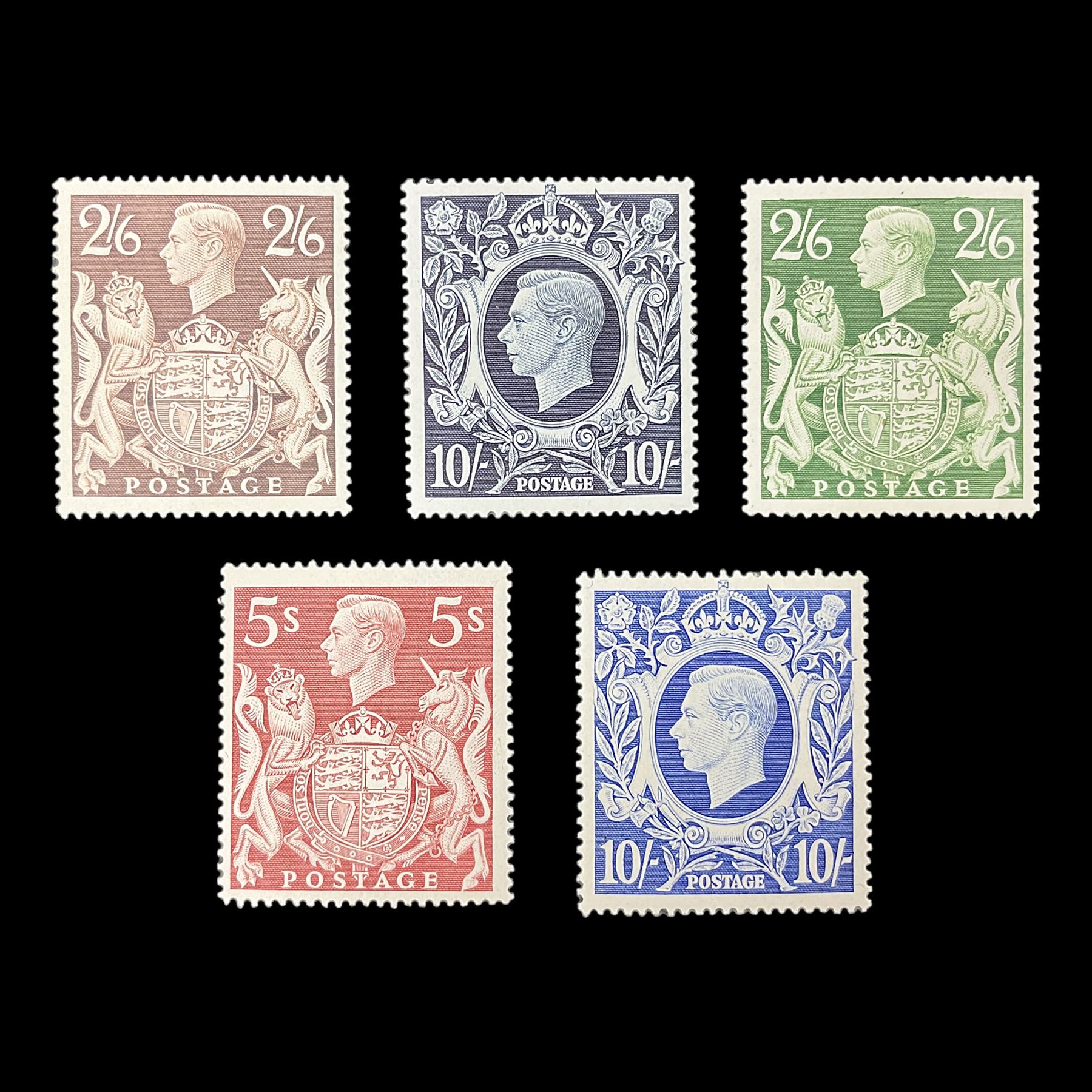 Great Britain King George VI 1939-48 set of five stamps, including ten shillings dark blue, all unused, all previously mounted
