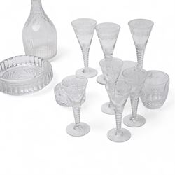 *Set of six Stuart crystal wine glasses with leaf etched decoration and cut tapering stems, nine smaller matching glasses, pair of Waterford Colleen tumblers, pair of smaller tumblers, pair of glass decanters and two glass ashtraysFrom the Kirkham Hall Attic & Cellar Collection, sold without reserve