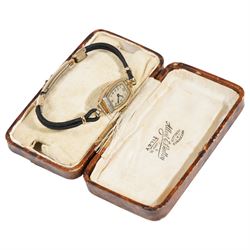 Ladies 9ct gold wristwatch on black rope and rolled gold strap