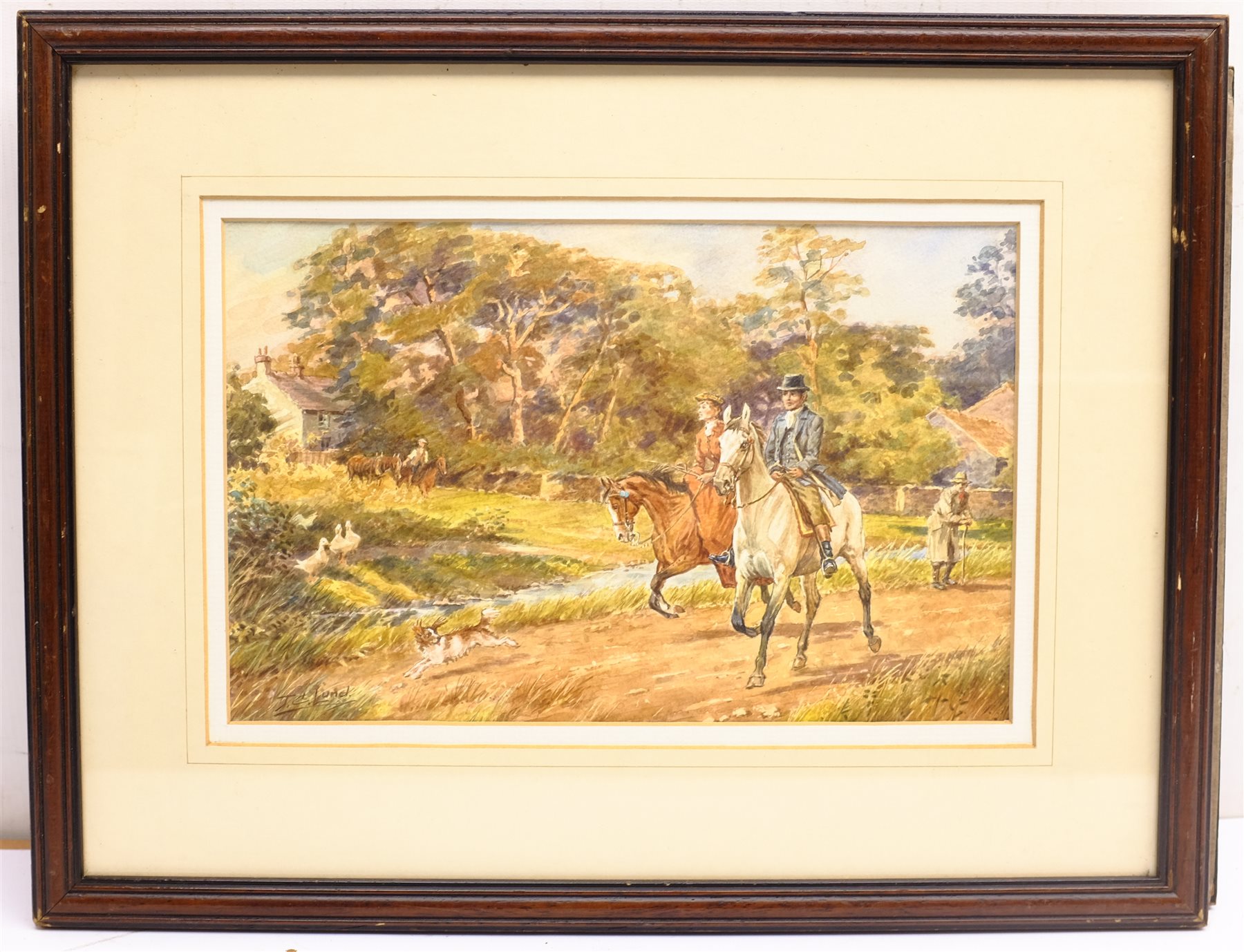 John Cecil Lund (British 1932-): Riding through the Village, watercolour signed 18cm x 29cm