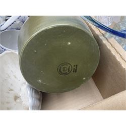 Masons and Furnival Denmark pattern blue and white tea wares, together with a Royal Worcester trinket box, Leedsware bowl and other ceramics and glassware, in four boxes