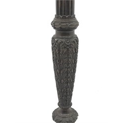  Early 20th century turned, reeded and carved mahogany standard lamp, H153cm  