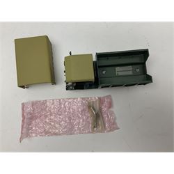 CJB Morris Military Field Wireless car with antenna, driver and operator L11cm; CJB Military covered wagon with two figures; and CJB maroon and white painted flat-bed truck with driver (3)