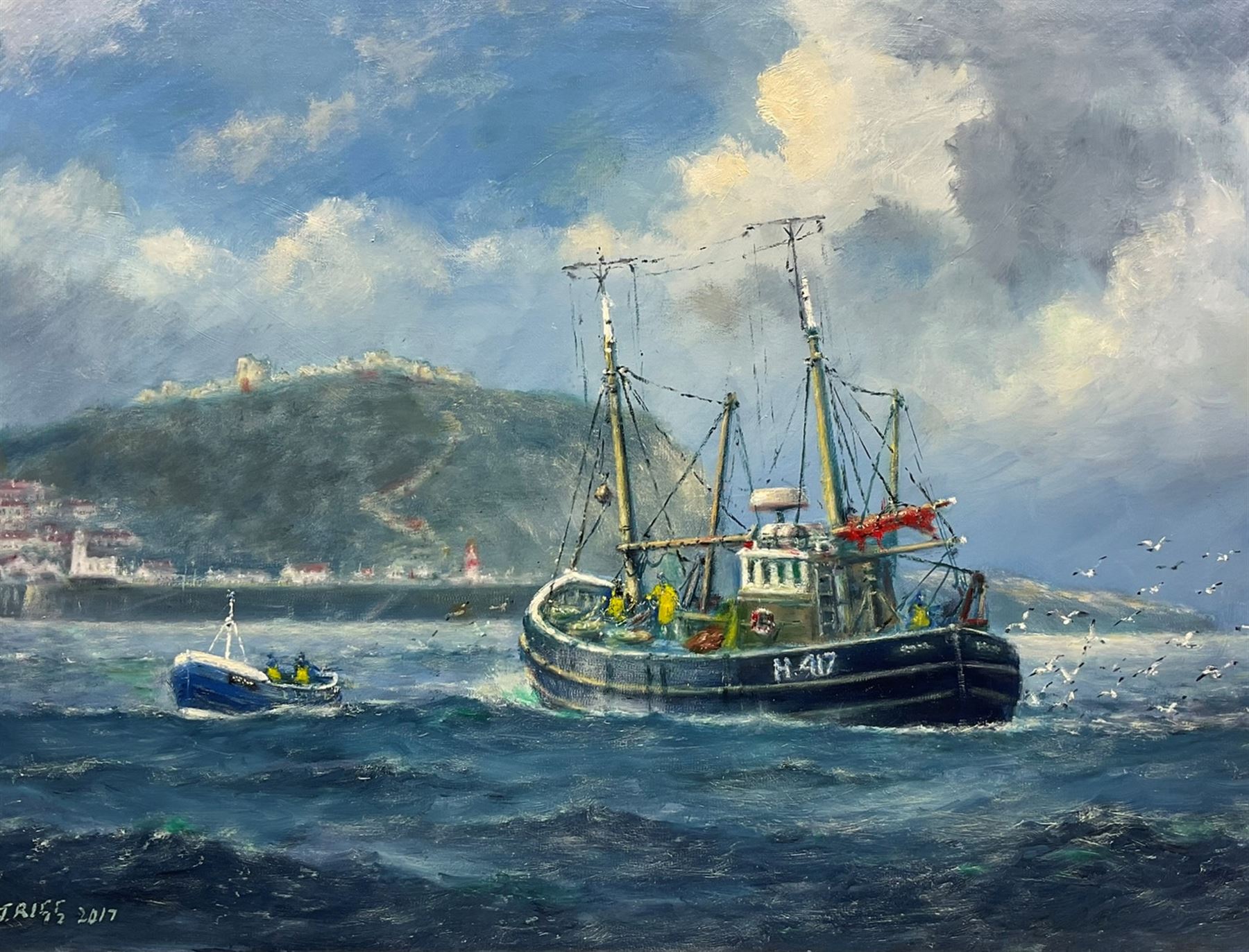 Jack Rigg (British 1927-): Hull Trawler off Scarborough, oil on canvas signed and dated 2017, 46cm x 61cm (unframed) 
Notes: one of the final paintings done by Rigg before he retired from painting.