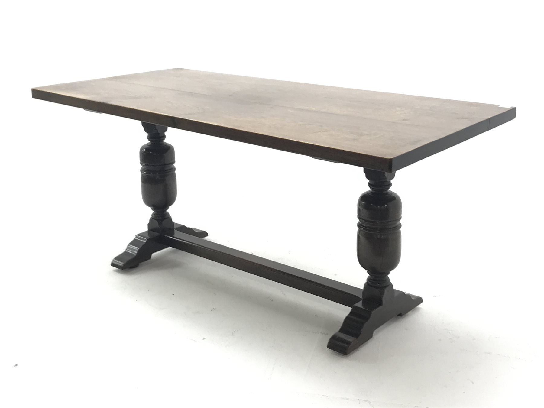  20th century oak refectory table, on two cup and cover baluster supports connected by stretcher, 169cm x 81cm, H78cm  