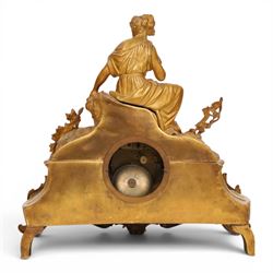 19th century French ormolu mantel clock, retailed by J & W Marshall, Paris, surmounted with a figure of in neo classical dress, with enamelled Roman dial marked James & Walter Marshall, H39cm 