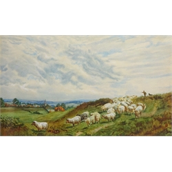  John William Bottomley (British 1816-1900): Shepherd with his Flock, watercolour signed and dated with initials 32cm x 54cm  