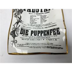 Fornasetti rectangular 'Falstaff' operatic billboard ashtray decorated with black and white text with a gilt border edge,  with printed mark beneath, H22cm 