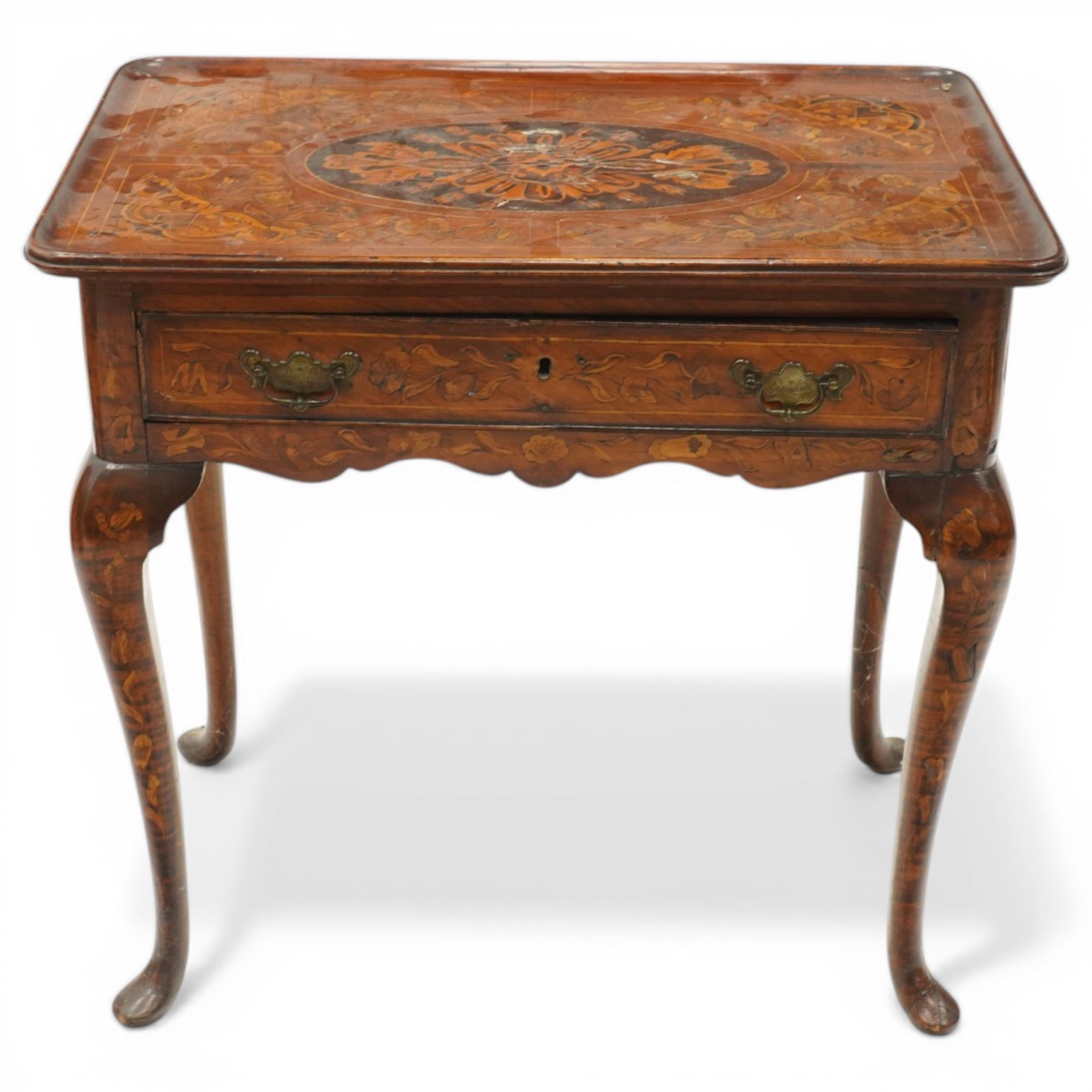 18th century Dutch marquetry side table, rectangular tray top decorated with floral inlays, fitted with a single cock-beaded drawer over shaped apron, raised on cabriole supports with pad feet