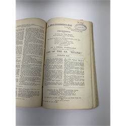 White Star line SS 'Titanic' - Proceedings Before The Right Hon. Lord Mersey, with Rear Admiral The Hon. S.A. Gough-Calthorpe C.V.O., R.N., et al. On a formal investigation ordered by the Board of Trade into the loss of the SS 'Titanic'. In the Wreck Commissioner's Court May/June 1912. Published by HMSO London. Unbound with hand written paper cover titled 'Evidence Given At 'Titanic' Inquiry 1st to 18th days. Incomplete - missing days 1 to 4 in list of witnesses, day 18 missing pp.503-506, appendix inserted between days 17 and 18. A rare and interesting part copy of the proceedings with unique annotations in many page margins. The first day title page is named in ink 'Mrs. Robinson', presumably Mrs. Annie Robinson First Class Stewardess and survivor, whose examination was on the eleventh day and which is partly highlighted in red pencil. The first eleven days also contain various pencil marginalia, hand unknown, together with a pencil cross-section drawing of the ship, with references to the pre-voyage fire and the engineers. The title pages of the twelfth day to the eighteenth day are all named in ink 'Mr. Boyle', referring to Alexander Boyle, with the twelfth day also bearing his professional stamp as 'Engineer Surveyor In Chief 23rd May 1912 Board of Trade'. No marginalia is found on days 12 to 18.