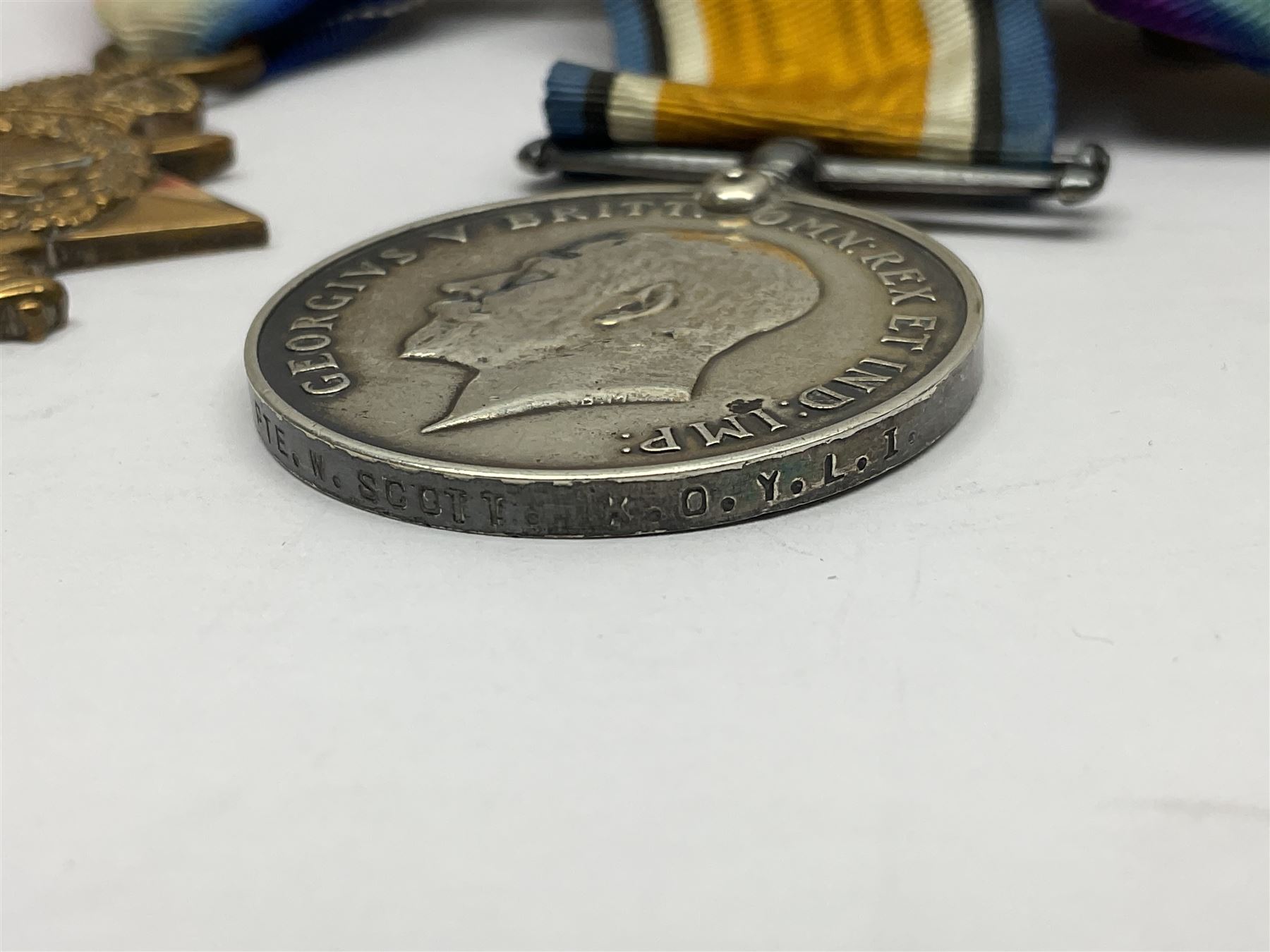 WWI trio of medals comprising British War Medal and Victory Medal awarded to 1815 Pte. W. Scott K.O.Y.L.I. and 1914-15 Star awarded to 200196 Pte. W. Scott Yorks. L.I.; with ribbons on wearing bar