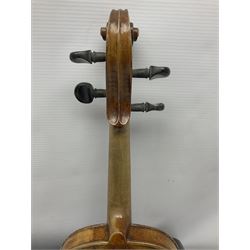 Late 19th century Saxony violin with 36cm one-piece maple back and ribs and spruce top; bears label 'Josef Klotz in Mittenwalde Anno 1795' L60cm overall; in ebonised wooden 'coffin' case