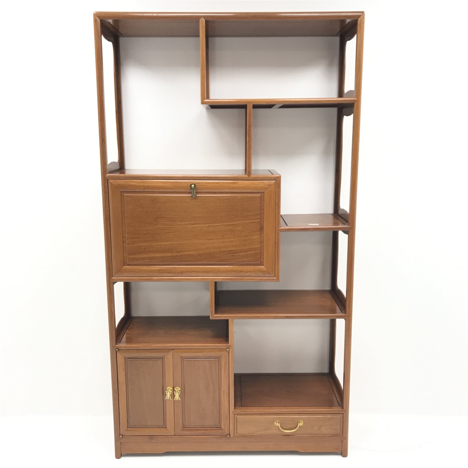 Chinese rosewood curio cabinet/wall shelf, six shelves, single fall front, drawer and two cupboards, stile supports, W102cm, H183cm, D36cm