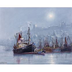 Jack Rigg (British 1927-2023): 'Welcome Break' - Misty Whitby Harbour, oil on canvas board...