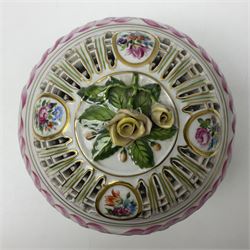 Herend Hungary pierced basket with cover, decorated with floral sprigs and a rose finial, together with overpainted glass vase, decorated with floral sprigs and gilt detail, glass vase H20cm 