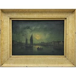 William Daniel Penny (British 1834-1924): Whitby Harbour by Moonlight, oil on canvas signed and dated '99, 22cm x 32cm
Notes: Penny was born in Caistor Lincolnshire but was listed in the Hull directories from 1869 as a Marine artist living in the City until the turn of the century when he became publican of the 'Artist's Rest' in Cross St., Aldborough, East Yorkshire