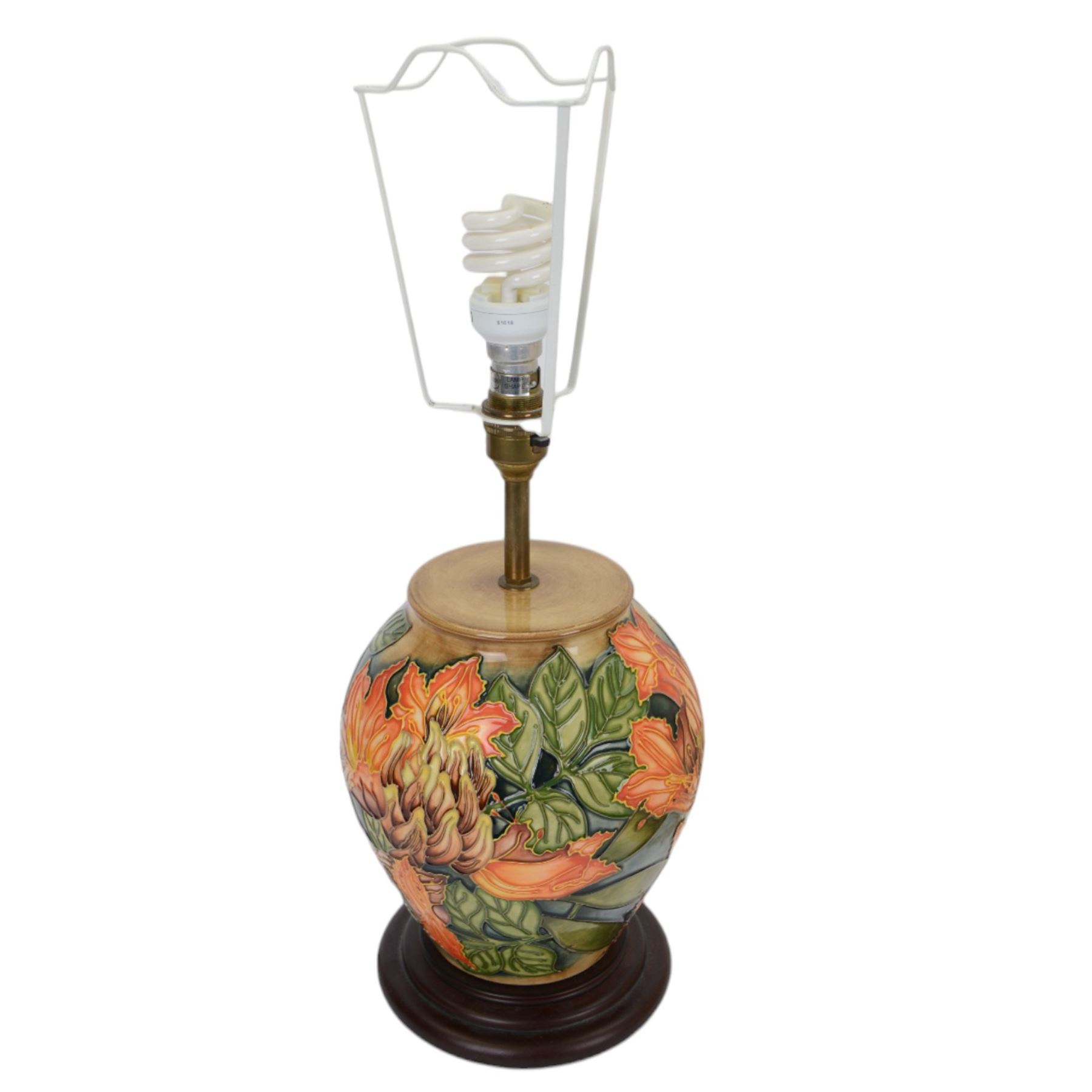 Moorcroft table lamp in Flame of the Forest pattern, of baluster form, on stepped wooden base, H35cm (excluding fitting)