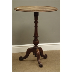  Victorian walnut wine table, circular dished top, on turned column with three scrolled splayed legs, D57cm, H73cm  