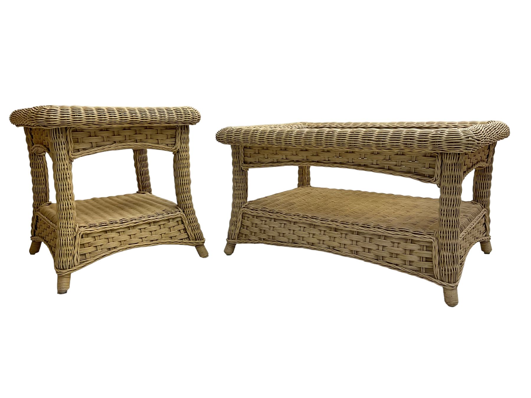 Contemporary rattan conservatory suite - two seat sofa with wicker frame and loose cushions upholstered in textured champagne fabric (W125cm H98cm); pair of matching armchairs (W72cm H98cm); rectangular glass-topped coffee table with rattan frame and undertier (W85cm D60cm H47cm); and matching square side table (W53cm H55cm)