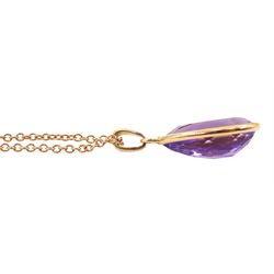 18ct gold pear shaped amethyst pendant, on 9ct gold necklace stamped 375